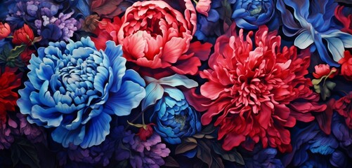 Vibrant tropical floral pattern background featuring indigo jasmine and scarlet peonies on a 3D marble wall - obrazy, fototapety, plakaty