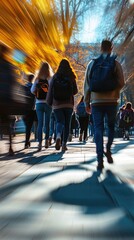 Students walking through a college campus on a sunny day, motion blur