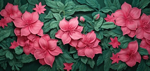 Foto op Canvas Vibrant tropical floral pattern background with rose pink azaleas and spruce green shrubs on a 3D burlap wall © Aaron Gallery  