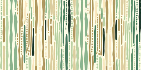 Abstract seamless pattern with hand drawn vertical stripes and dots in green, beige, brown colors on white background. Repeating pattern for graphic design, print, packaging paper