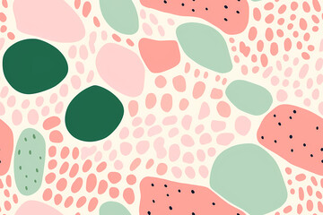 Abstract seamless pattern with hand drawn fluid organic rounded shapes with dots in pastel pink, green colors. Repeating pattern with bubbles print, interior, packaging paper, stationery, banner