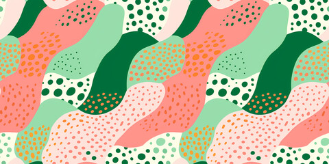 Abstract seamless pattern with hand drawn fluid organic shapes and dots in pastel pink, green,...