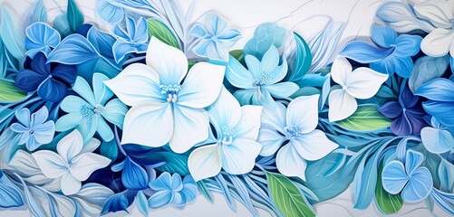 Vibrant tropical floral pattern with blue hydrangeas and white lilies on a linear 3D wall texture