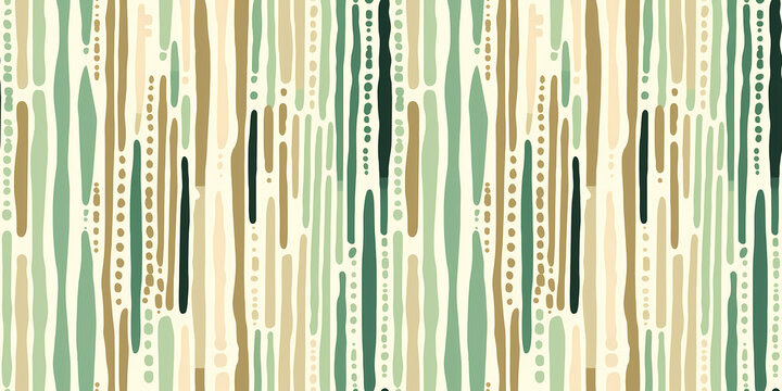 Abstract seamless pattern with hand drawn vertical stripes and dots in green, beige, brown colors on white background. Repeating pattern for graphic design, print, packaging paper