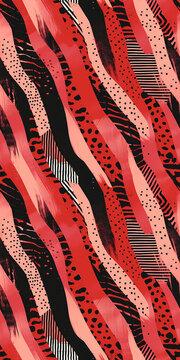 Abstract seamless pattern with hand painted diagonal stripes, brushstrokes and dots in pastel red, crimson, black colors in retro vintage style. Hand painted repeating pattern for graphic design