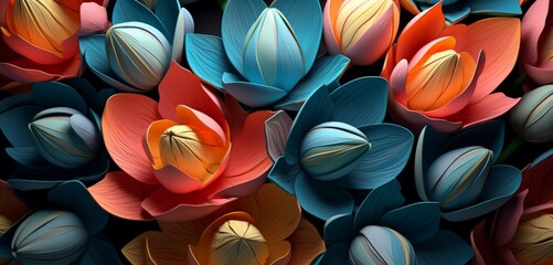 Vibrant tropical floral pattern background displaying cerulean lotuses and peach tulips on a 3D granite wall