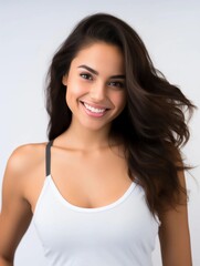 Fototapeta premium Portrait of a beautiful young Latin woman with clean white skin wearing a tank top, as a beauty model photo, beautiful smile expression