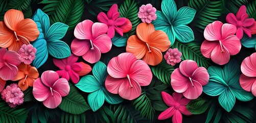 Vibrant tropical floral pattern background with blush roses and shamrock green leaves on a 3D chalkboard wall - obrazy, fototapety, plakaty