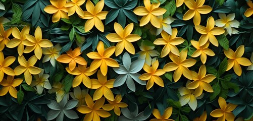 Vibrant tropical floral pattern background with lemon yellow lilies and forest green ivy on a 3D pebbled wall