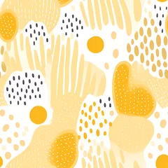 Gordijnen Abstract seamless pattern with fluid organic rounded shapes and stripes, dots in pastel yellow, black and white colors. Monochrome flat repeating pattern for graphic design, print, packaging paper © Milan