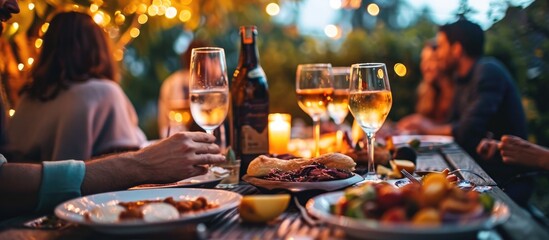Friends outside, enjoying food and drinks together. - obrazy, fototapety, plakaty