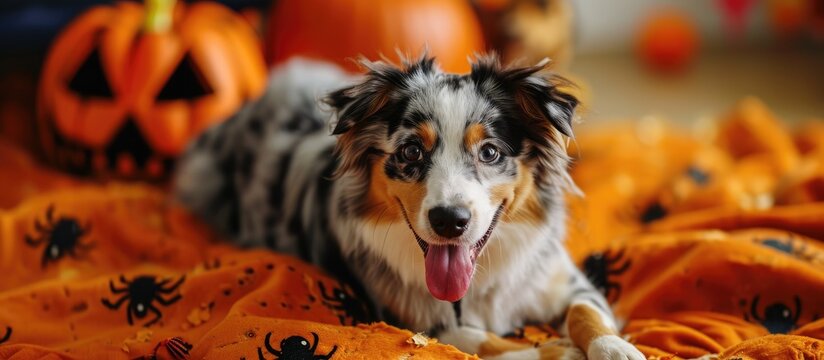 Cute mini Aussie dog in Halloween costume with tongue out, on orange blanket with pumpkins and spiders.