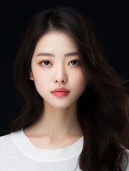 Close-up portrait of white and clean young Japanese female beauty model, studio photo, isolated black background, AI generative
