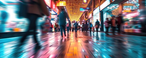 Crowd of people walking through an airport, motion blur - obrazy, fototapety, plakaty