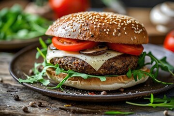 Gourmet Delight: Mushroom Swiss Veggie Burger - A Savory Blend of Mushrooms, Black Beans, and Quinoa, Topped with Melted Swiss Cheese, Sautéed Mushrooms, Arugula, and Truffle Aioli.

