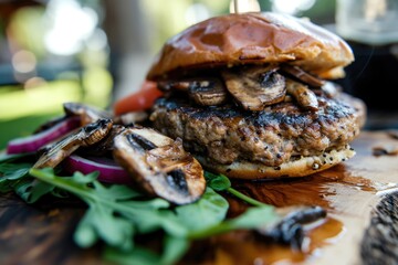 Gourmet Delight: Mushroom Swiss Veggie Burger - A Savory Blend of Mushrooms, Black Beans, and Quinoa, Topped with Melted Swiss Cheese, Saut&eacute;ed Mushrooms, Arugula, and Truffle Aioli.

