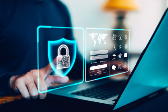 Cybersecurity privacy data protection and encryption concept, Internet network security, Information safety and encryption, Future technology and cybernetics, screen padlock, Password to laptop.