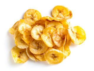 Banana chips isolated on white background. Dried banana slices.