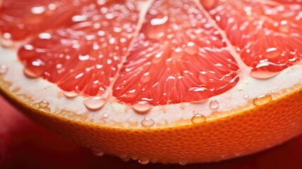 Close-up of a grapefruit slice with water droplets on its surface