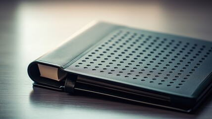 A modern, metallic-clad book with a dotted speaker grille
