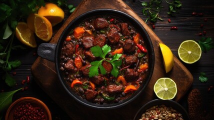 Hearty stew with beef and vegetables in a black pot, garnished with herbs