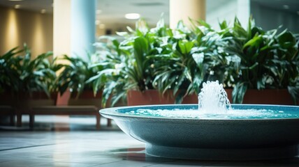 Indoor fountain with lush green plants in a tranquil atrium setting