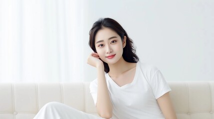 Beauty model portrait of young Asian woman with white and clean skin, beautiful smiling expression, graceful posing on sofa