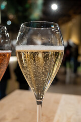 Tasting of sparkling wine champagne on winter weekend festival in December on Avenue de Champagne, Epernay, Champagne region, France