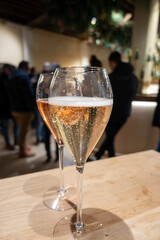 Tasting of sparkling wine champagne on winter weekend festival in December on Avenue de Champagne, Epernay, Champagne region, France