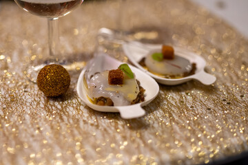 Degustation appetisers for visitors made by great chefs of high cuisine French restaurants, winter festival, Avenue de Champagne, Epernay, France