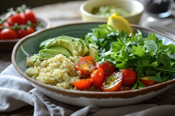 Fresh and Healthy: Quinoa Salad with Avocado and Lemon Dressing - A Nutrient-Dense Culinary Creation Combining Quinoa, Ripe Avocado, Cherry Tomatoes, and a Light Lemon Dressing for Gourmet Refreshment