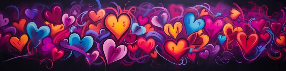 : Dynamic graffiti art on an urban wall, depicting a vibrant explosion of heart shapes and...