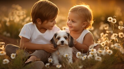 Two young children sitting in a field with a dog. Generative AI.