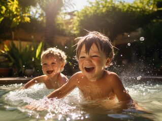 Obraz premium Two young children playing in a pool of water. Generative AI.