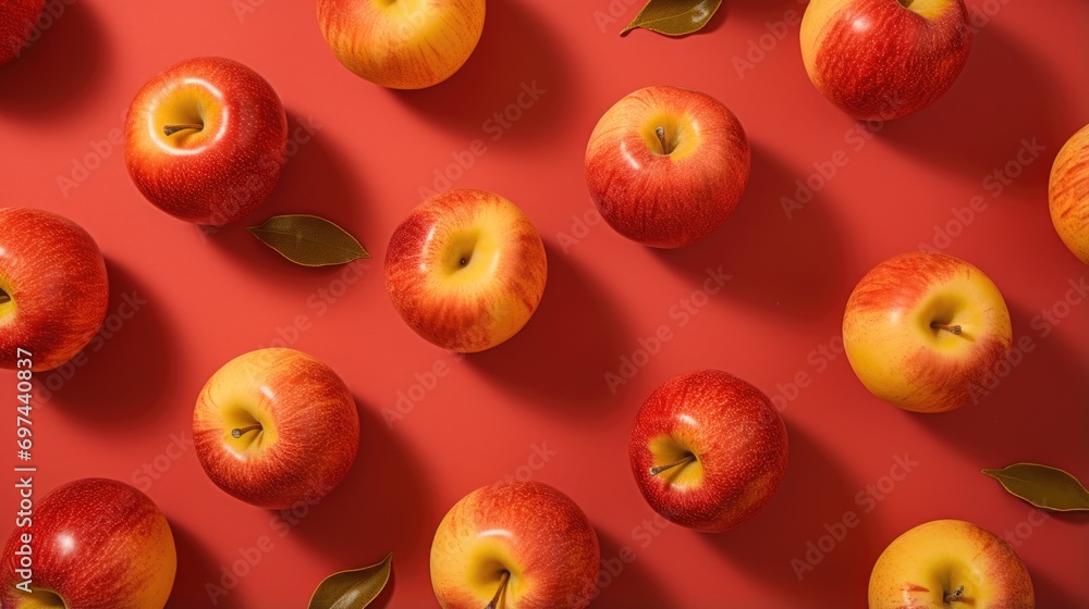 Poster a group of red and yellow apples on a red surface. generative ai.
