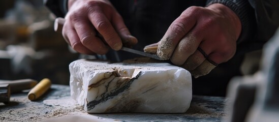 A worker uses tools to shape a rough nut into a smooth white marble storage piece. - Powered by Adobe