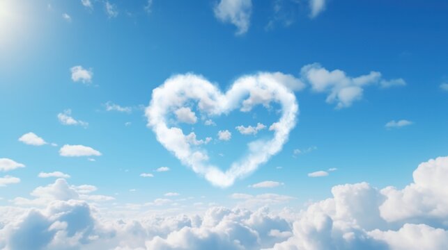 Clouds forming heart shape in blue sky. Romance and nature.