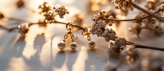 Gentle photographs of dainty and elegant gold earrings. - obrazy, fototapety, plakaty
