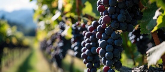 Organic Gamay Noir grapes growing in an Okanagan Valley vineyard. - obrazy, fototapety, plakaty