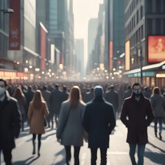 Crowd of people walking busy city street backlit