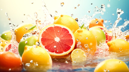 Cross section of fruits in water splashes on a tropical backdrop. - obrazy, fototapety, plakaty