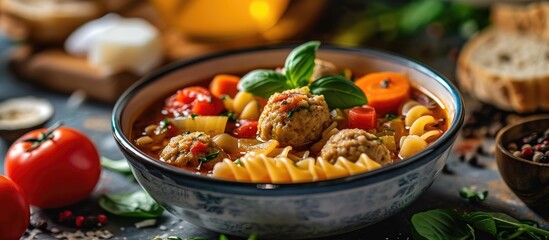 Italian meatball soup with vegetables and pasta served on a table - obrazy, fototapety, plakaty