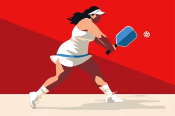 Fotobehang Minimal vector illustration of a woman playing pickleball at an athletic club. © Brian