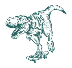 Vector illustration of Tyrannosaurus rex skateboarding. - obrazy, fototapety, plakaty