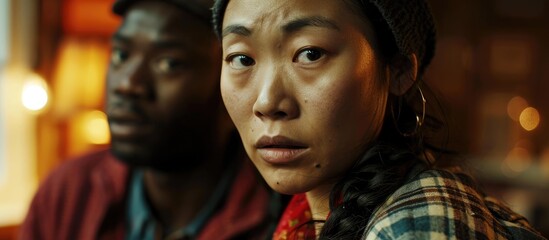 An anxious Asian woman becomes scared when speaking a foreign language with an African foreigner.