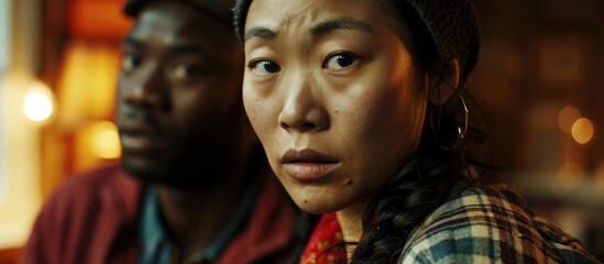 Obraz premium An anxious Asian woman becomes scared when speaking a foreign language with an African foreigner.