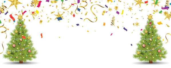 Merry Christmas and Happy New Year background with golden confetti and christmas tree.