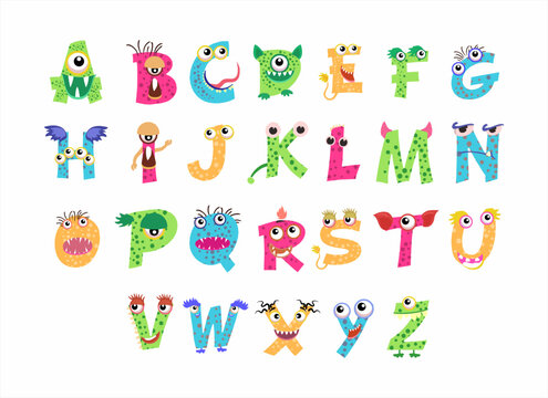 Monster Numbers Alphabet, letters. Monster alphabet. Set of cute monster Alphabet in cartoon style. Cartoon monsters font and alphabet. alphabet with funny monsters, faces and eyes.