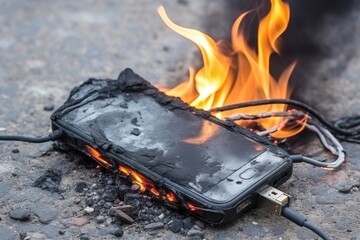 Mobile phone after battery explosion. Smartphone burn. Mobile phone caught fire
