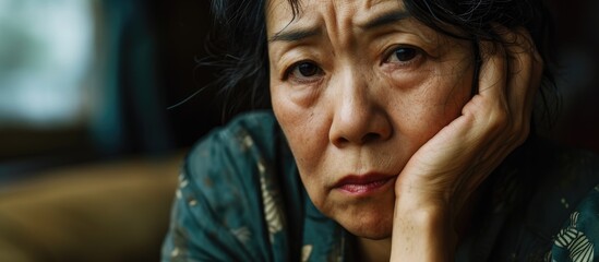 Distressed Asian woman in her middle age. - obrazy, fototapety, plakaty